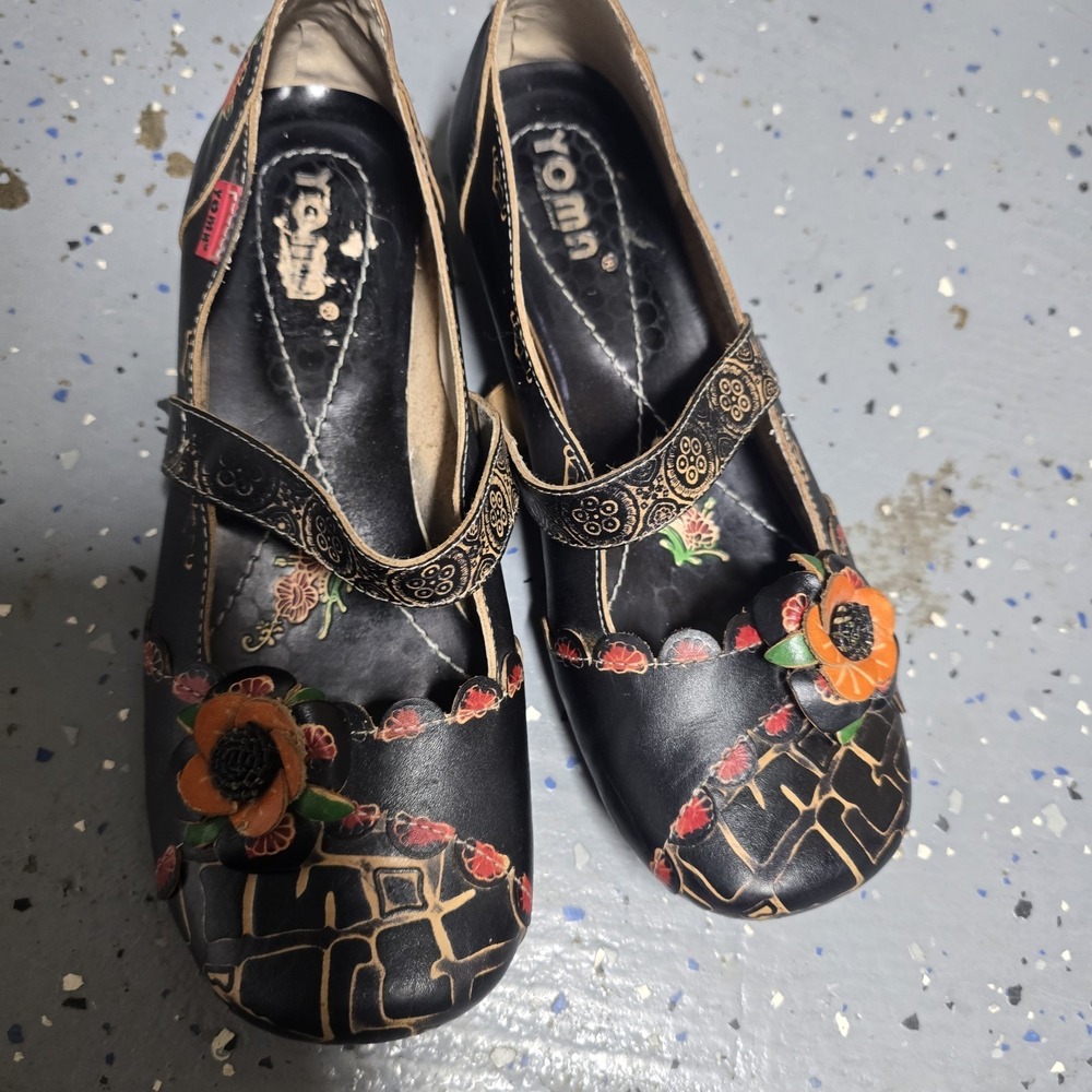 Yoma‎ Women's Floral Leather Mary Jane Shoes Black Boho Applique Size 8 US /...
